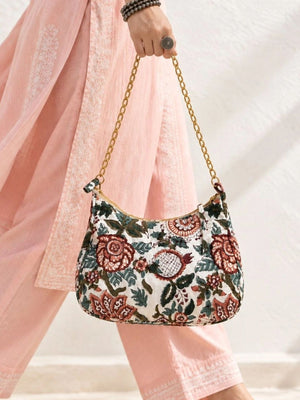 Floral Quilted Half Moon Bag – White block print shoulder bag