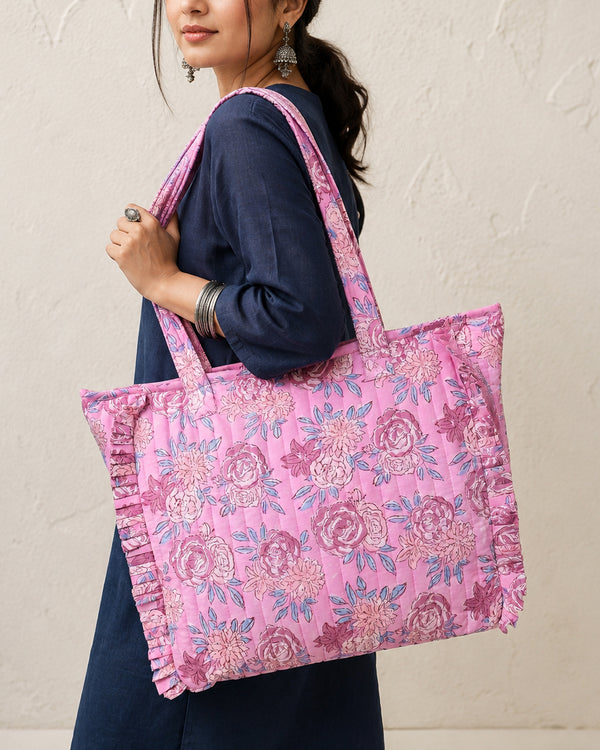 Pink Ruffle Quilted Tote Bag