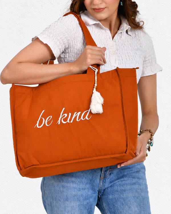 Brown Embroidered Canvas Tote Bag | Box Bag For Office, Shopping & Travel