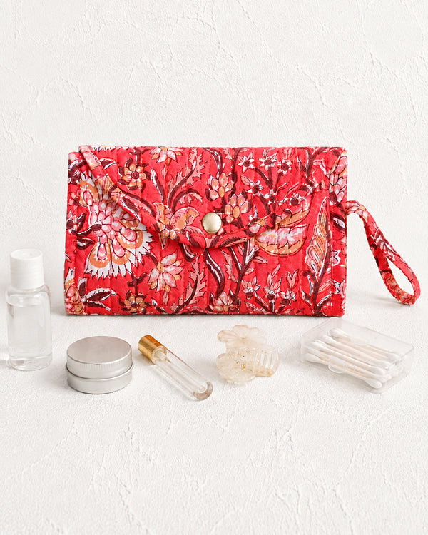 Red Floral Quilted Foldable Pouch for Women | Travel Organizer Bag