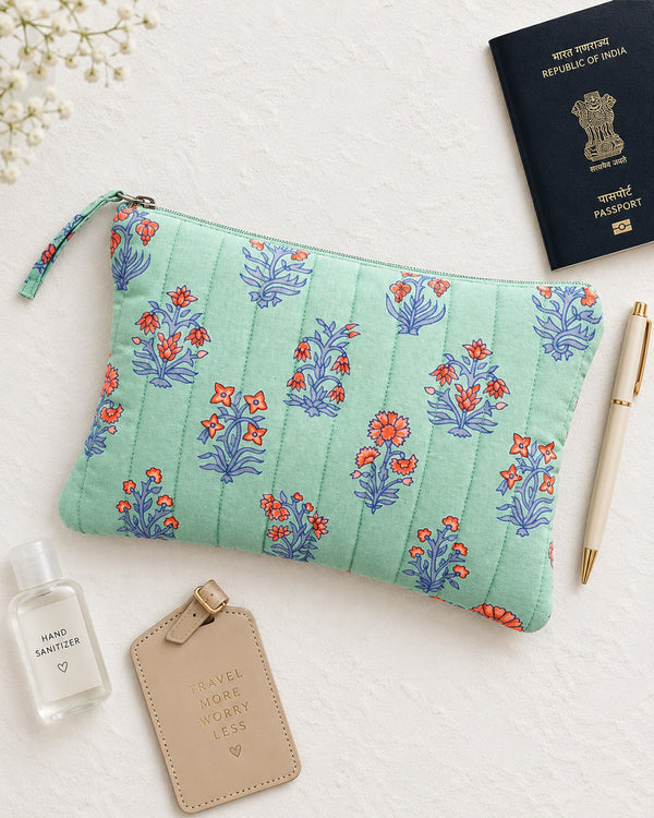Green Floral Quilted Flat Pouch | Zipper Bag for Everyday Use