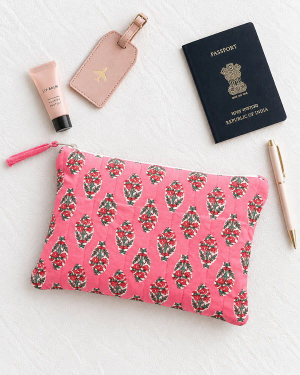 Pink Floral Quilted Flat Pouch | Makeup and Toiletry Bag