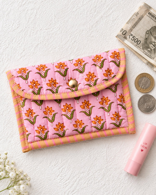 Pink Floral Quilted Flap Pouch | Multipurpose Pouch For Travel