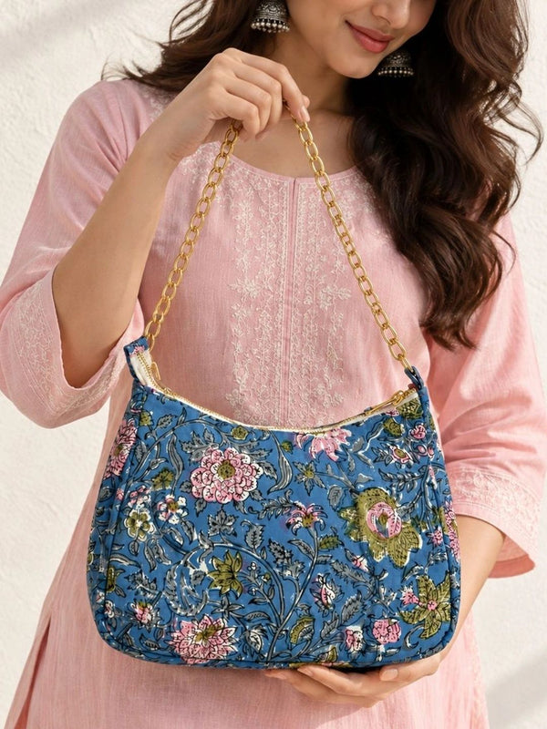 Floral Quilted Half Moon Bag – Blue