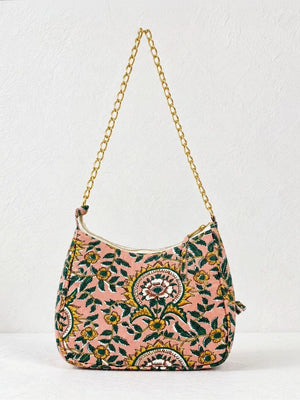 Floral Quilted Half Moon Bag – Peach block print shoulder bag