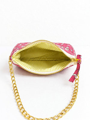 Floral Quilted Half Moon Bag – Pink block print shoulder bag