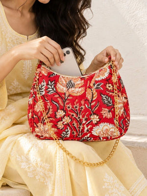 Floral Quilted Half Moon Bag – Red block print shoulder bag