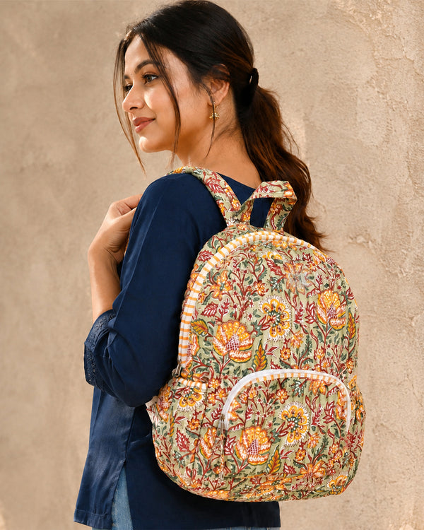Green Floral Quilted Backpack