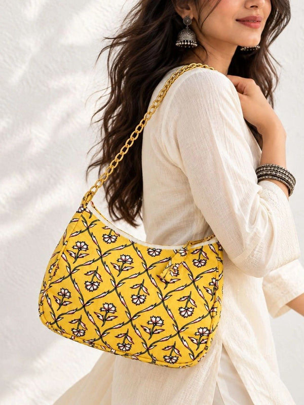 Floral Quilted Half Moon Bag – Yellow
