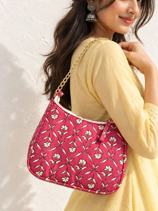 Floral Quilted Half Moon Bag – Pink