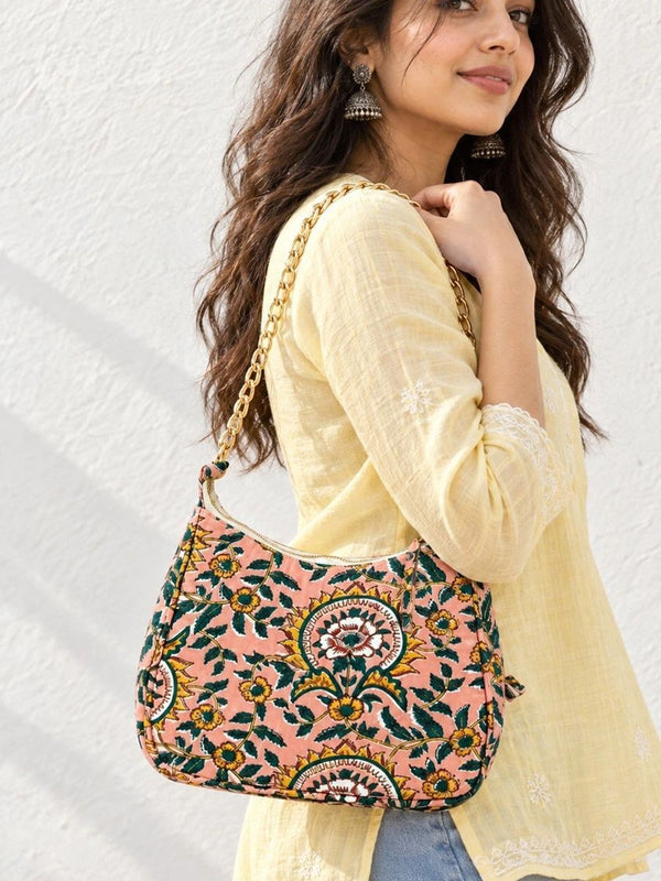 Floral Quilted Half Moon Bag – Peach