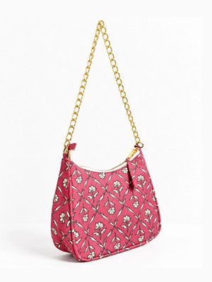 Floral Quilted Half Moon Bag – Pink block print shoulder bag