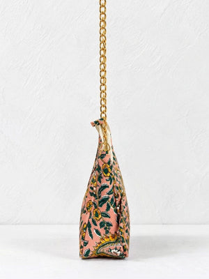 Floral Quilted Half Moon Bag – Peach block print shoulder bag