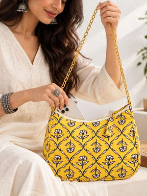 Floral Quilted Half Moon Bag – Yellow block print shoulder bag