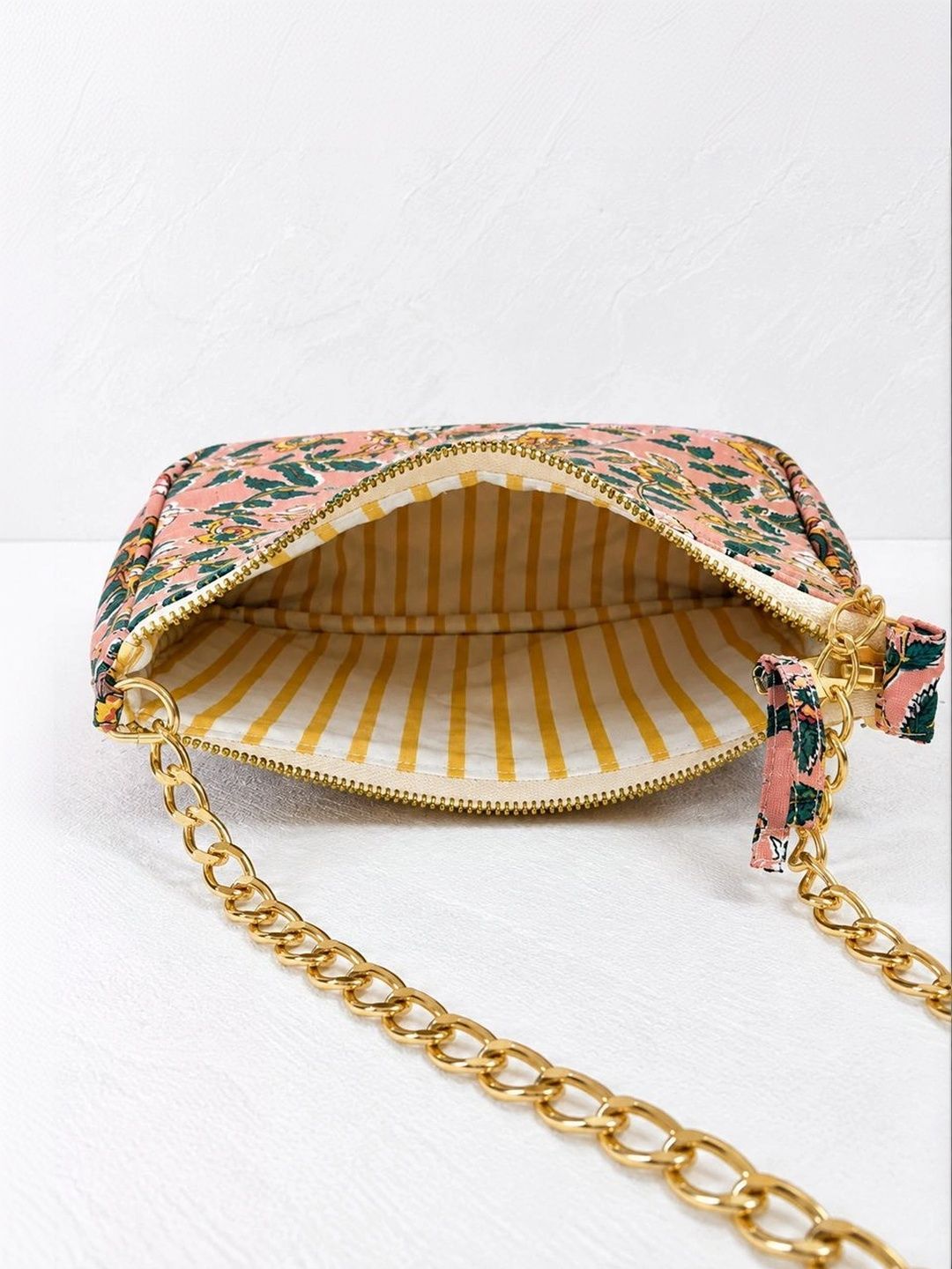 Floral Quilted Half Moon Bag – Peach block print shoulder bag