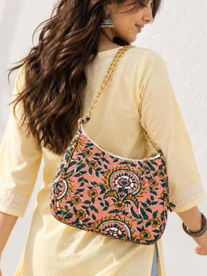 Floral Quilted Half Moon Bag – Peach block print shoulder bag