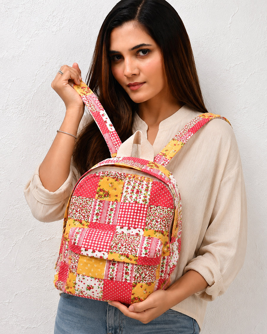 Pink & Yellow Patchwork Backpack | Canvas School & College Bag | Backpack For Girls