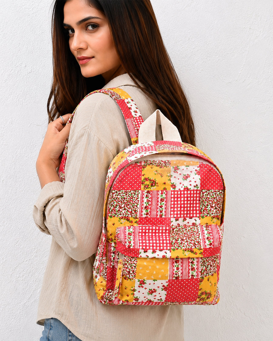 Pink & Yellow Patchwork Backpack | Canvas School & College Bag | Backpack For Girls