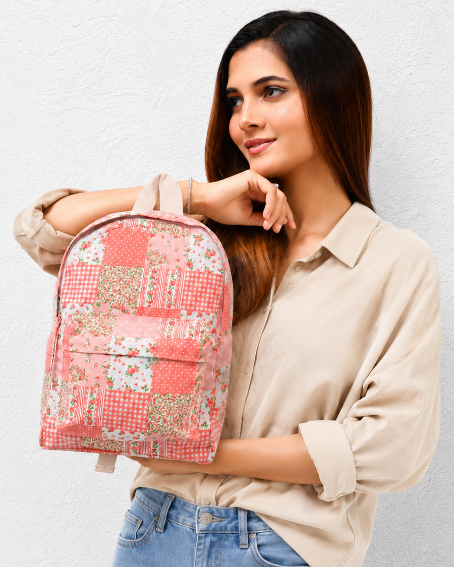 Peach Patchwork Backpack | Small Backpack For Women | Lightweight Canvas Backpack