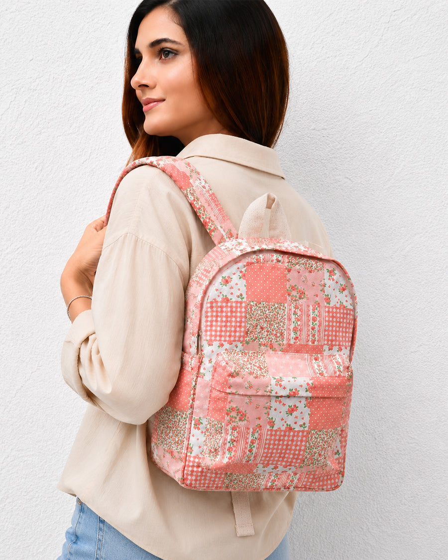 Peach Patchwork Backpack | Small Backpack For Women | Lightweight Canvas Backpack