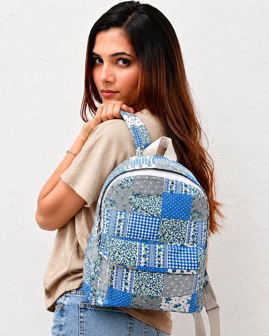 Blue Patchwork Mini Backpack | Cotton Backpack | Cute Everyday Travel & Picnic Backpack
