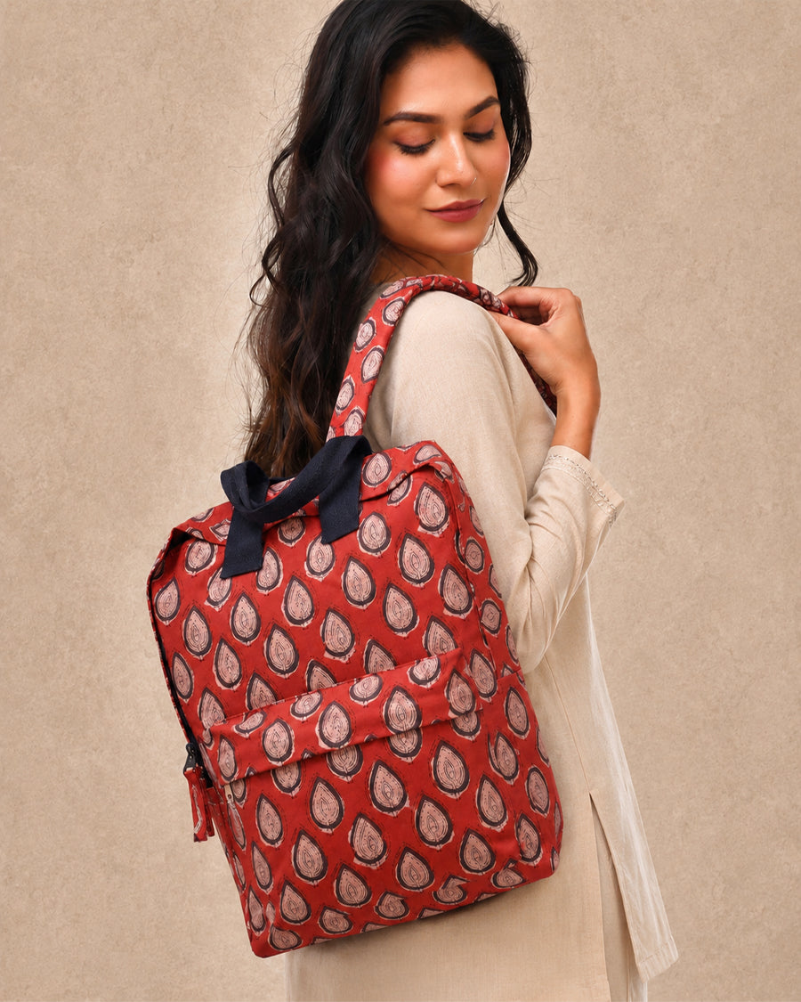 Rust Leaf Print Backpack | Quilted Cotton Travel Backpack | Handmade Everyday & Weekend Backpack