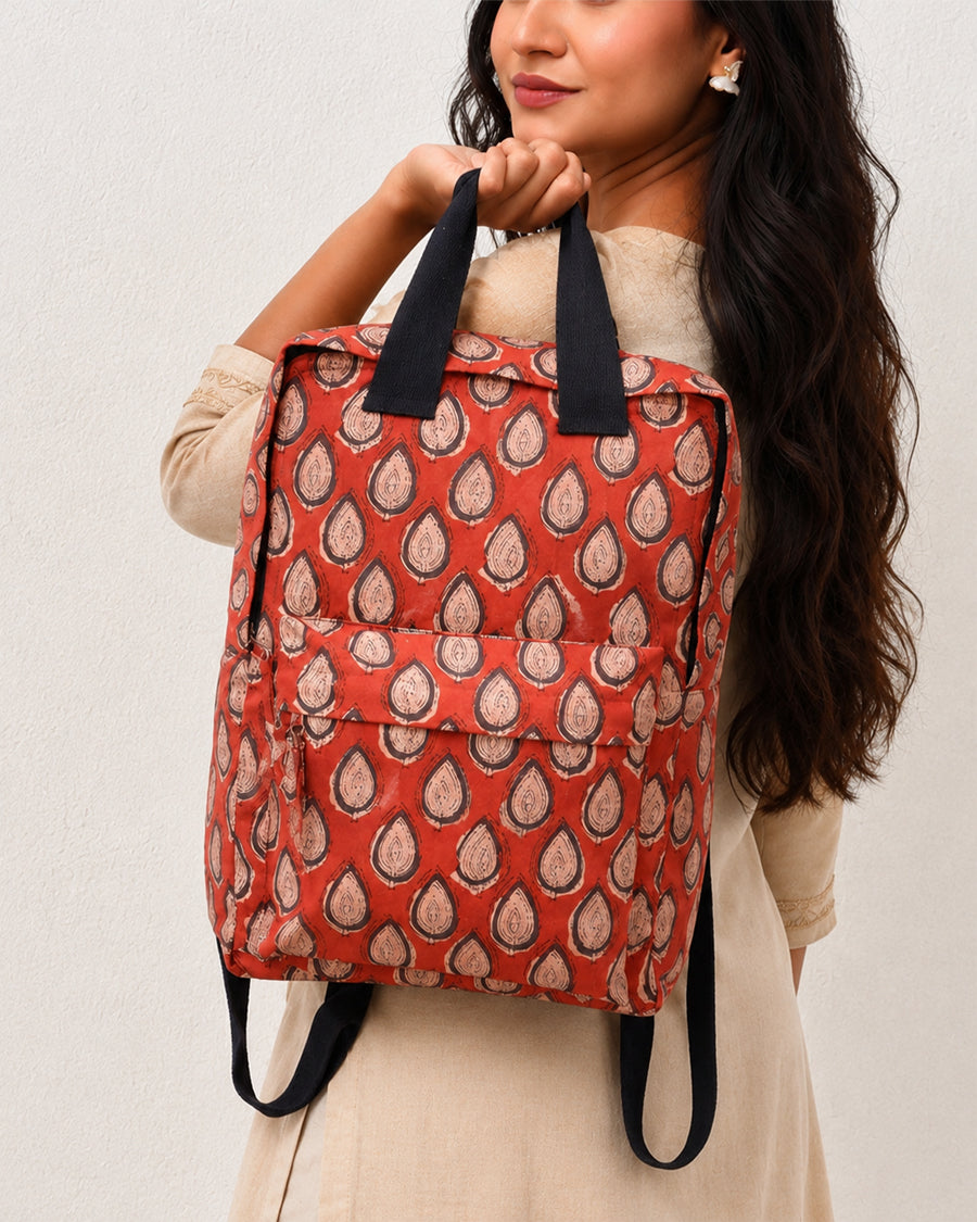Rust Leaf Print Backpack | Quilted Cotton Travel Backpack | Handmade Everyday & Weekend Backpack