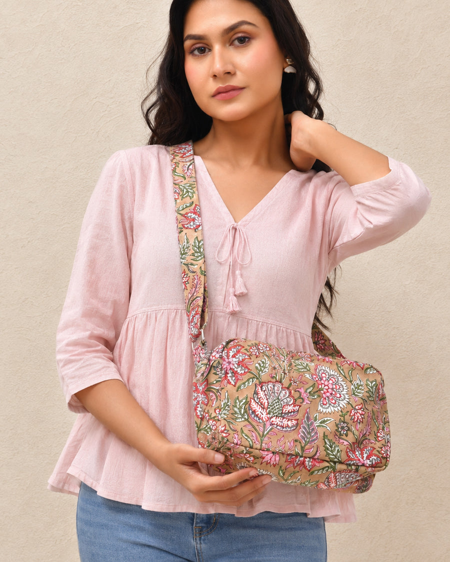 Beige Floral Hand Block Print Sling Bag | Women's Crossbody Bag | Canvas Crossbody Bag