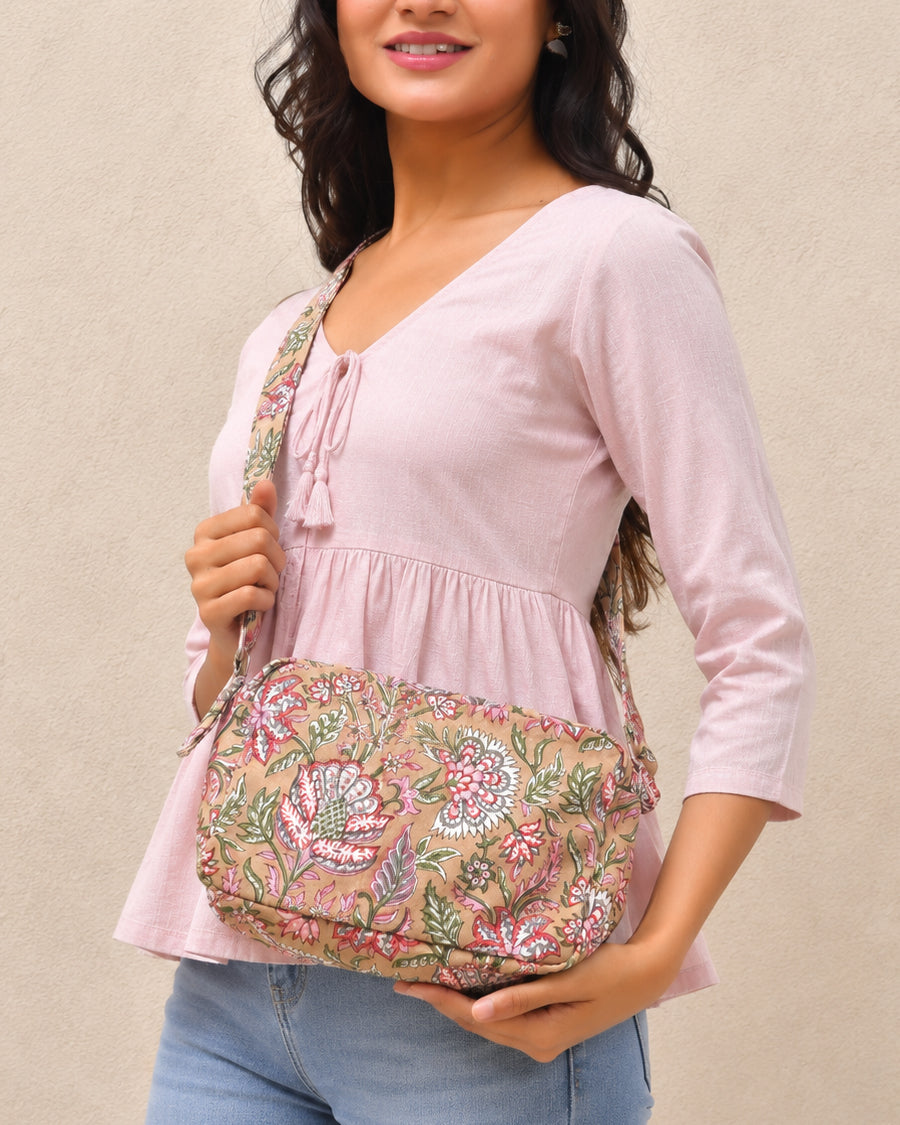 Beige Floral Hand Block Print Sling Bag | Women's Crossbody Bag | Canvas Crossbody Bag