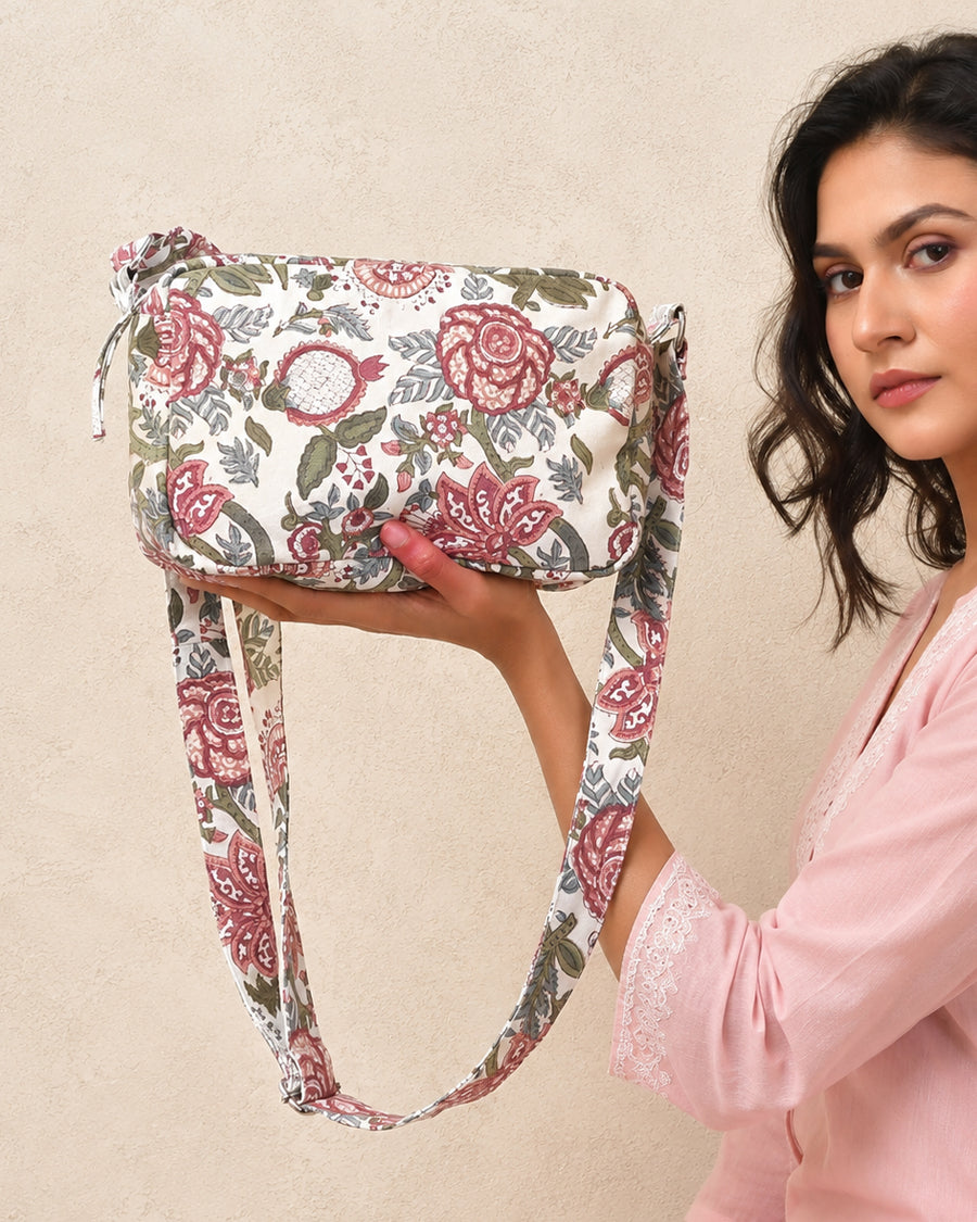 White Floral Hand Block Print Sling Bag | Boho Crossbody Bag | Canvas Sling Bag For Women