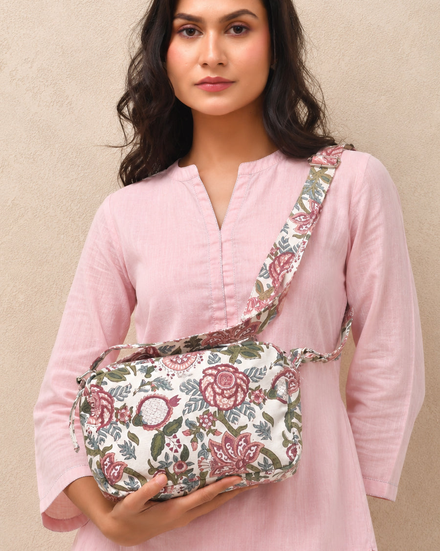 White Floral Hand Block Print Sling Bag | Boho Crossbody Bag | Canvas Sling Bag For Women