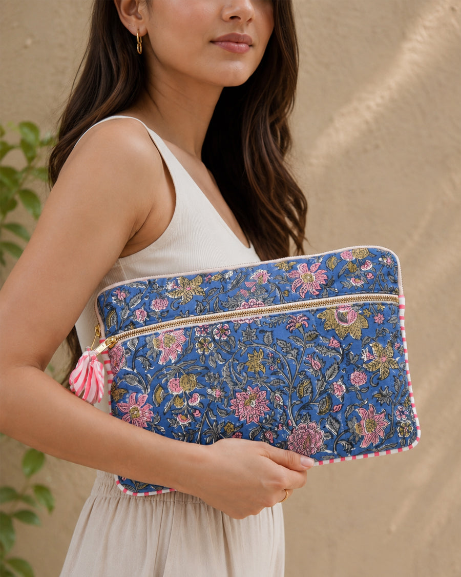 Blue Floral Block Printed Laptop/ iPad Sleeve | Padded Laptop & MacBook Case | 11-16 inch