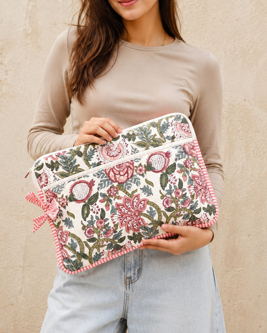 White Floral Hand Block Print Laptop/ iPad Sleeve | Cotton Quilted Case | 11-16 inch