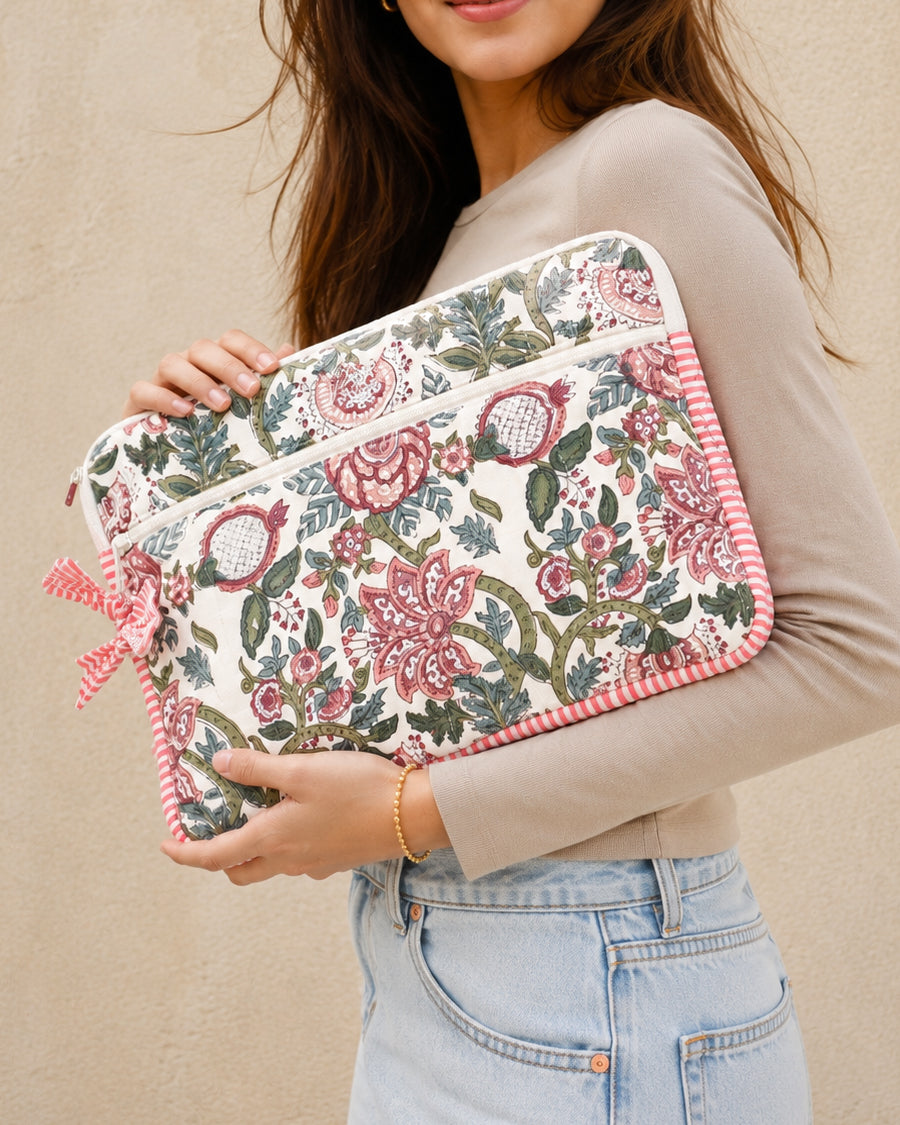 White Floral Hand Block Print Laptop/ iPad Sleeve | Cotton Quilted Case | 11-16 inch