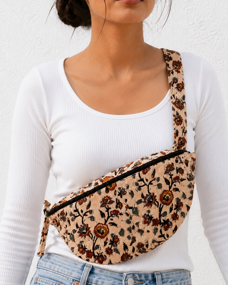 Bagru Floral Print Banana Bag | Cotton Quilted Crossbody Bag | Banana Bag For Women