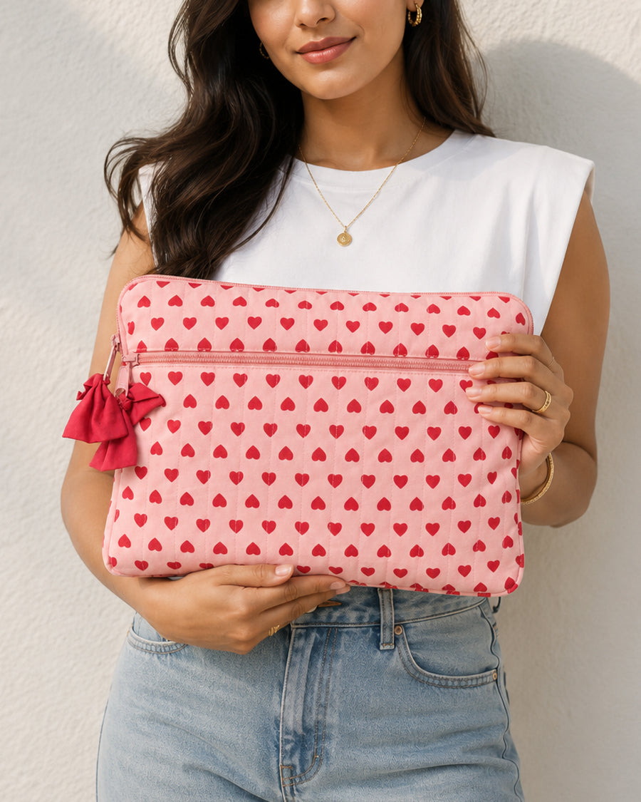 Red Heart 2 Zip Laptop/ iPad Sleeve | Quilted Laptop Case For Women | 11-16 inch