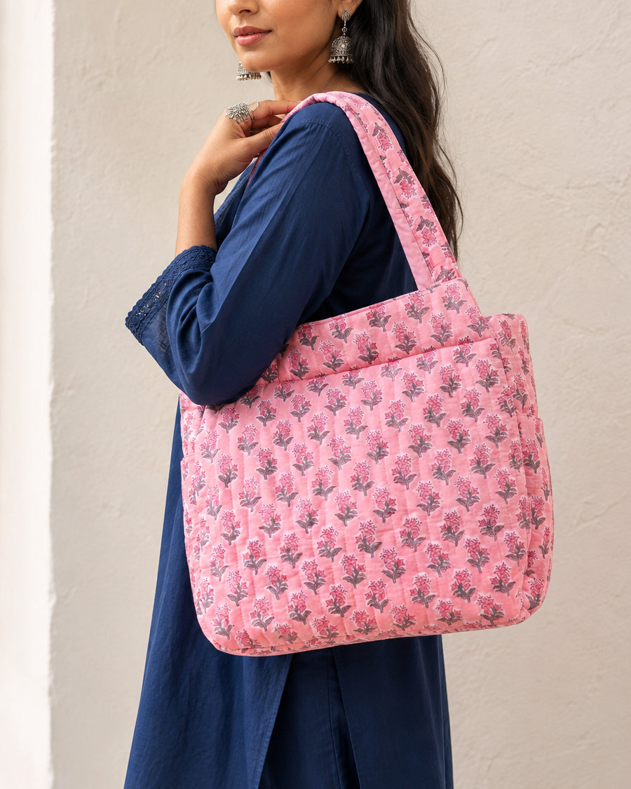 Pink Floral Hand Block Printed Tote Bag | Quilted Mother Bag | Lightweight Travel Bag