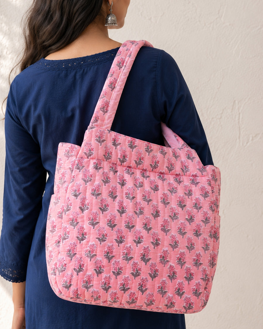 Pink Floral Hand Block Printed Tote Bag | Quilted Mother Bag | Lightweight Travel Bag
