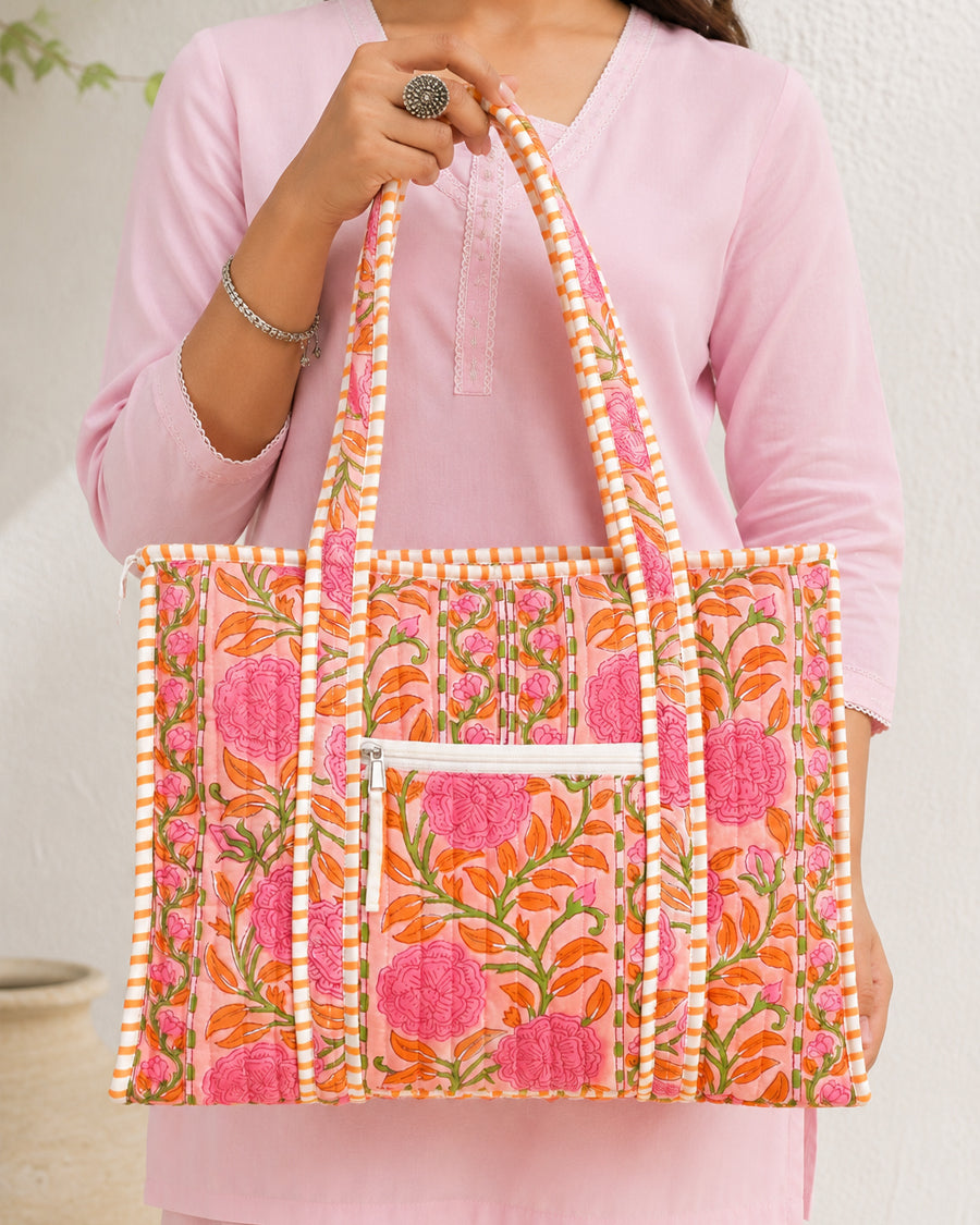 Pink Floral Hand Block Printed Tote Bag | Quilted Handbag For Women | Box Tote Bag