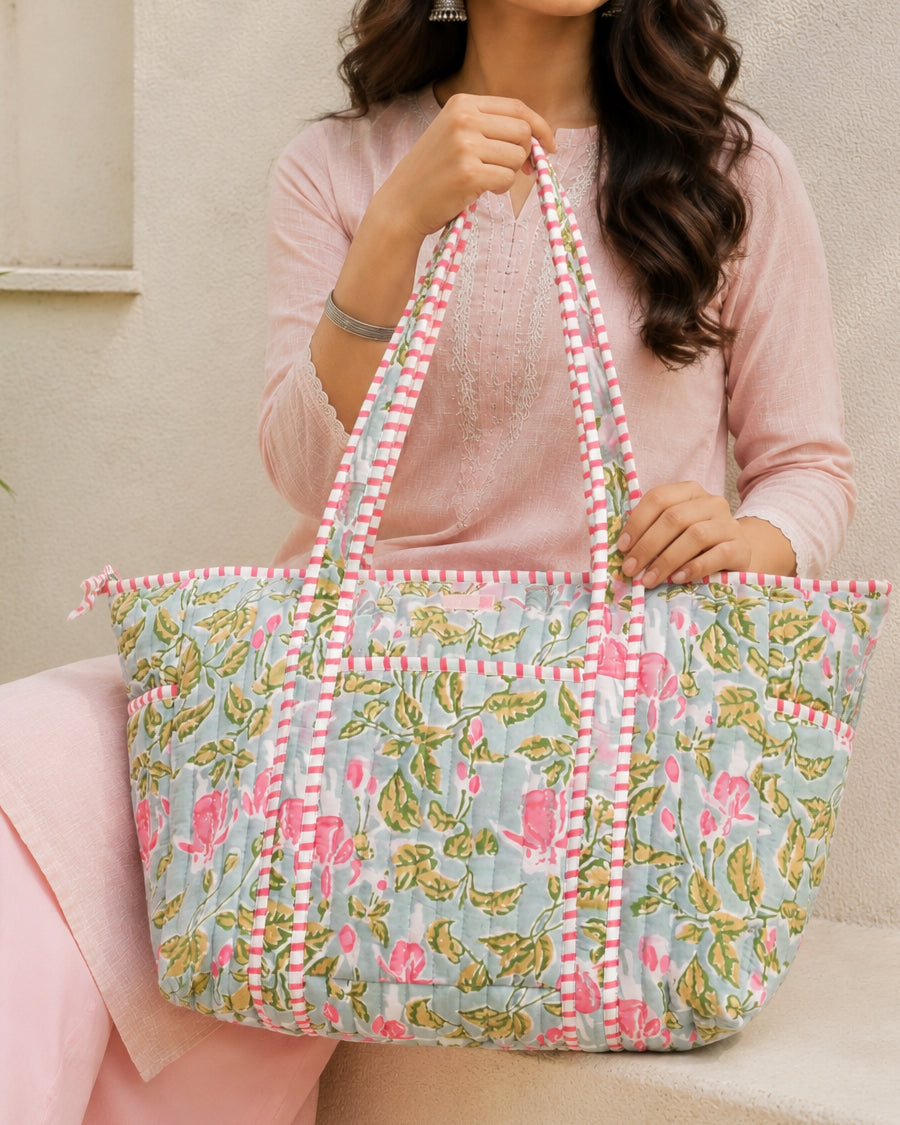 Sea Green Floral Block Printed Tote Bag | Quilted Handbag For Women | Spacious Everyday Shoulder Bag