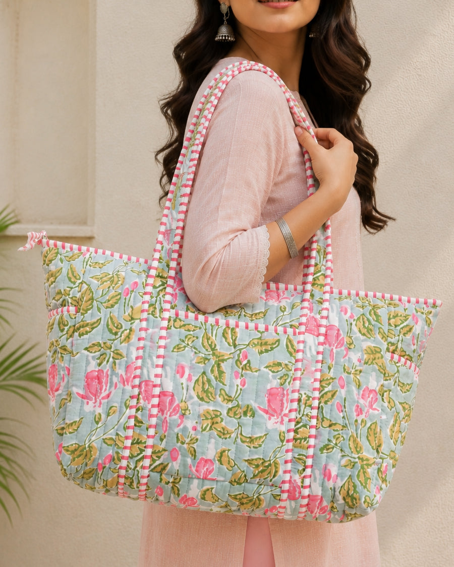 Sea Green Floral Block Printed Tote Bag | Quilted Handbag For Women | Spacious Everyday Shoulder Bag