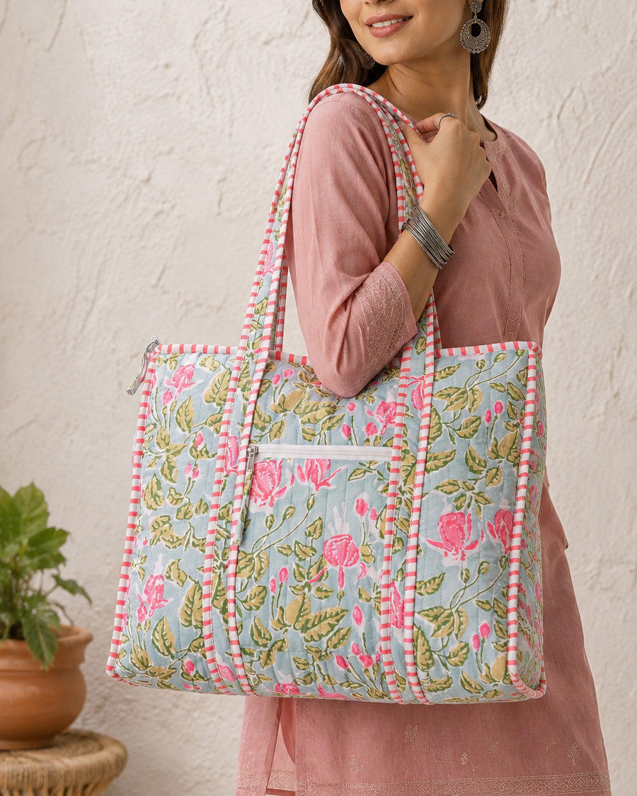 Sea Green Floral Block Printed Tote Bag | Lightweight Cotton Shoulder Bag | Quilted Handbag For Travel