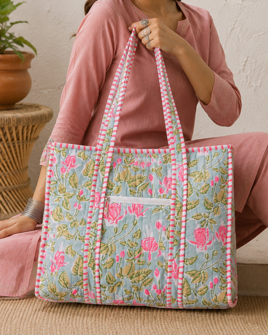 Sea Green Floral Block Printed Tote Bag | Lightweight Cotton Shoulder Bag | Quilted Handbag For Travel