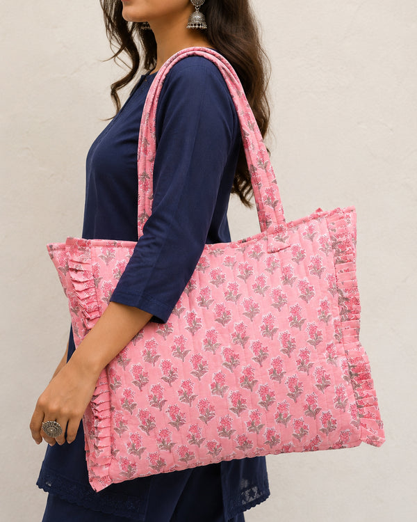 Pink Floral Frill Tote Bag