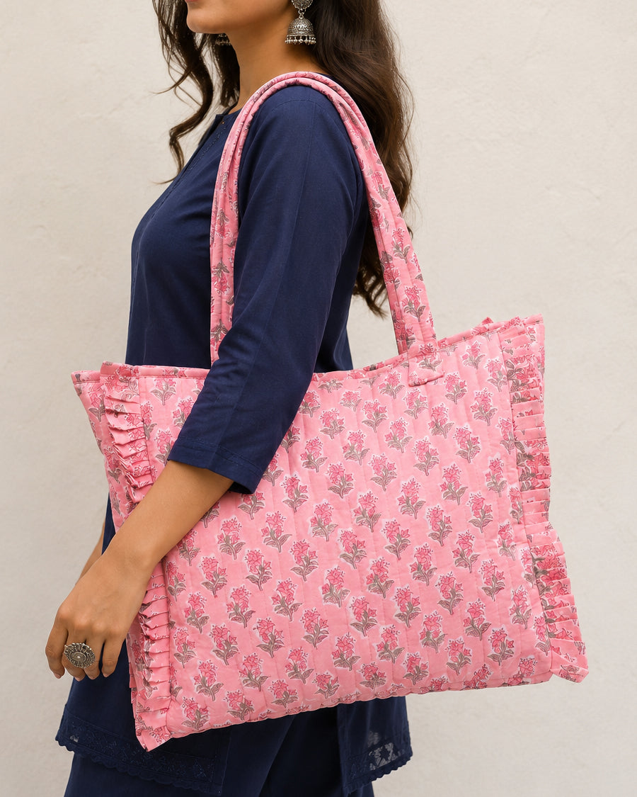Pink Floral Block Printed Tote Bag | Quilted Frill Shoulder Bag | Cotton Everyday Handbag