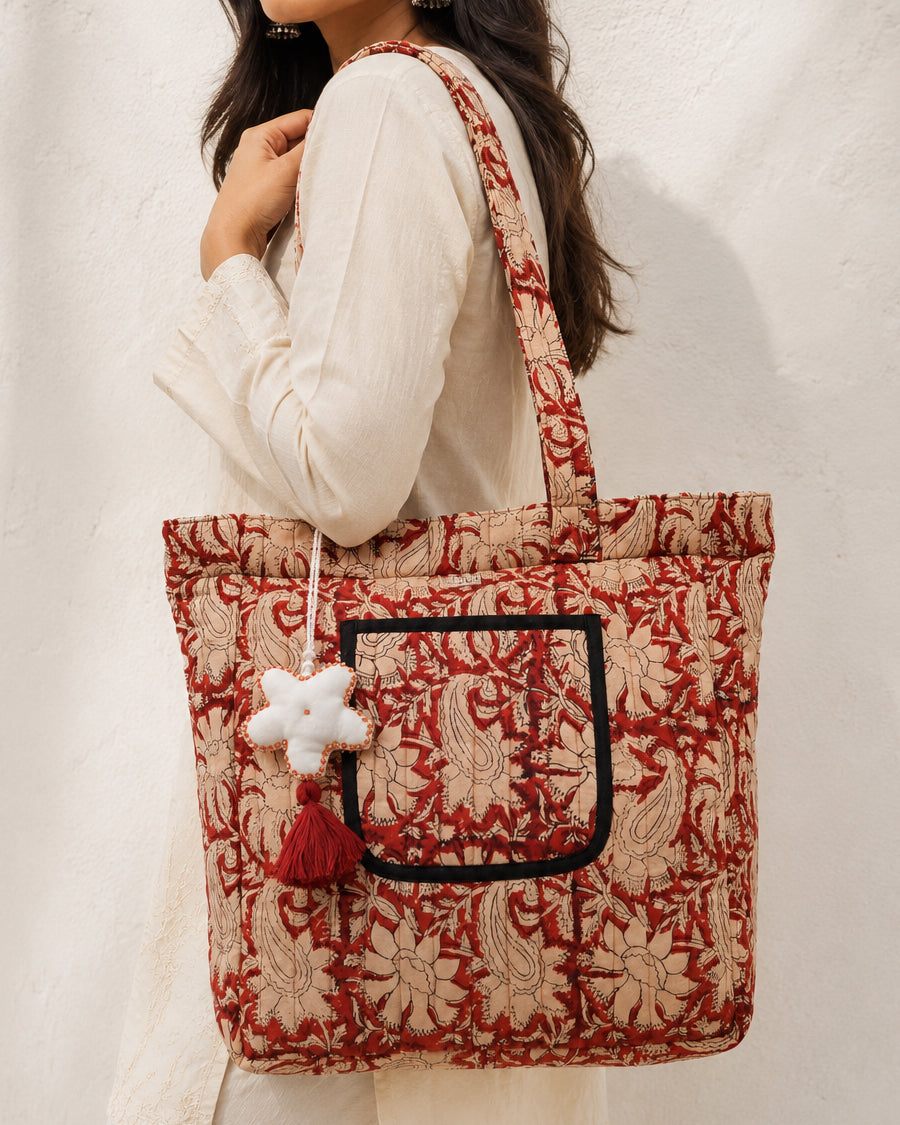 Red Floral Jaal Block Printed Tote Bag | Women's Quilted Tote Bag | Everyday Shoulder Bag