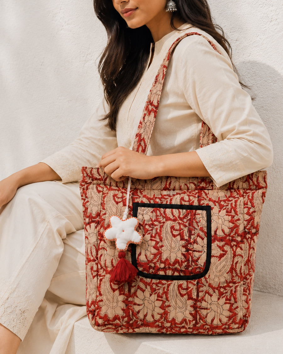 Red Floral Jaal Block Printed Tote Bag | Women's Quilted Tote Bag | Everyday Shoulder Bag