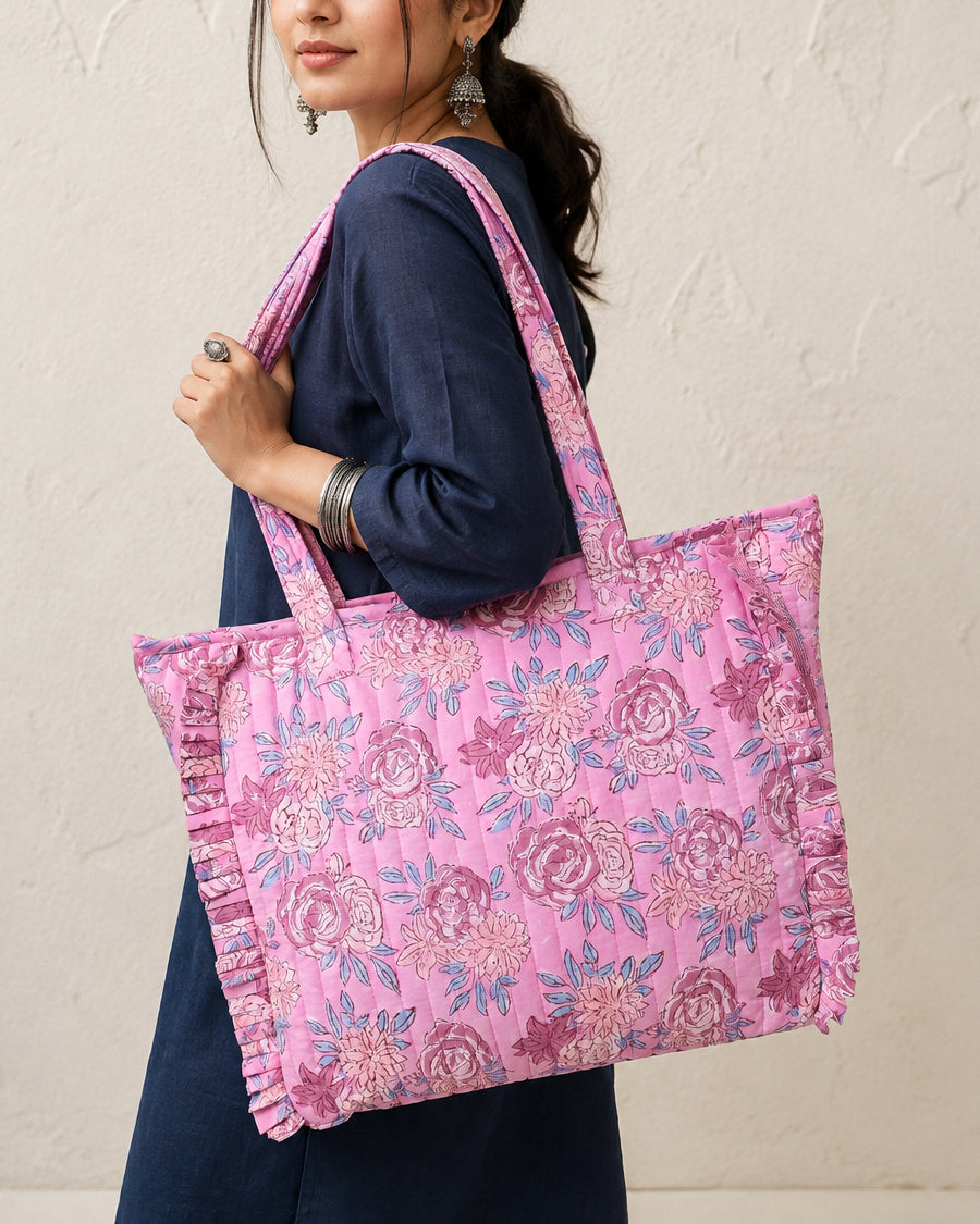 Pink Ruffle Quilted Tote Bag | Block Print Travel Tote | Floral Shoulder Bag for Women