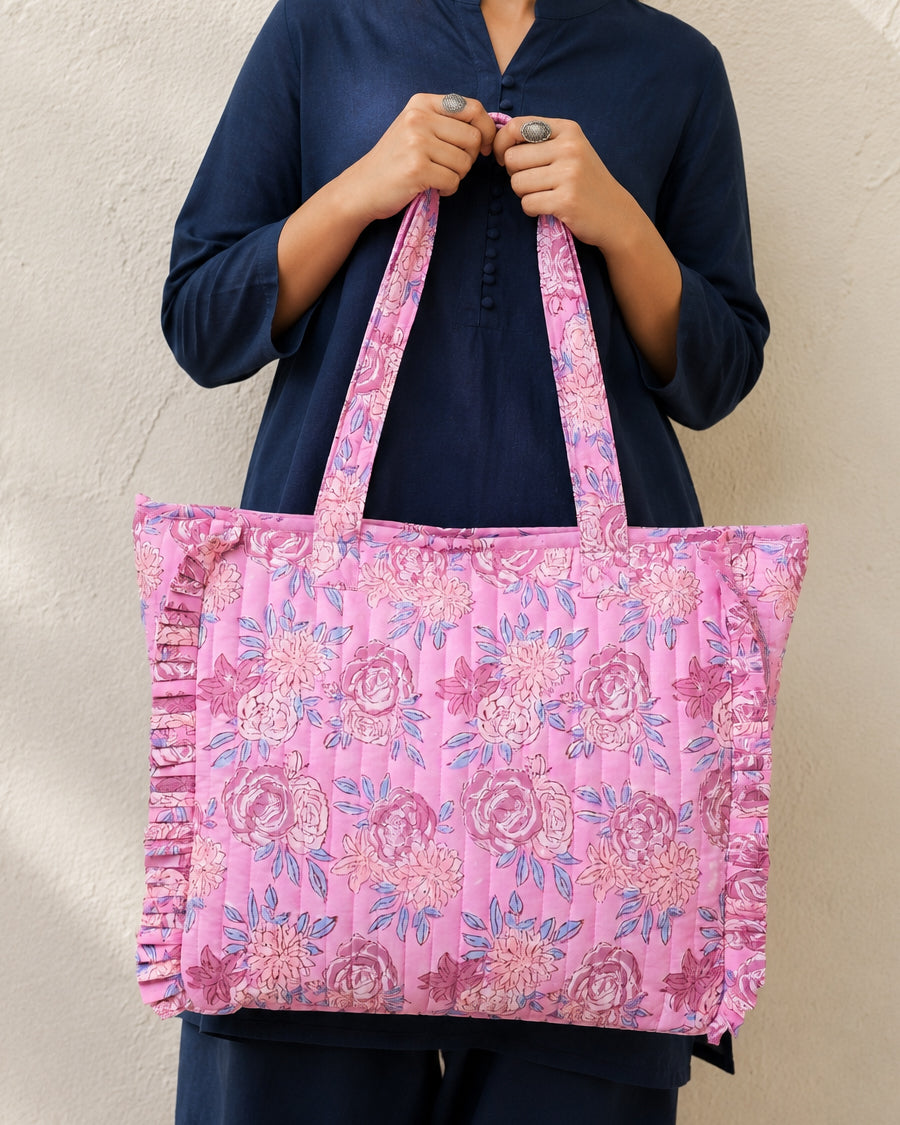 Pink Ruffle Quilted Tote Bag | Block Print Travel Tote | Floral Shoulder Bag for Women