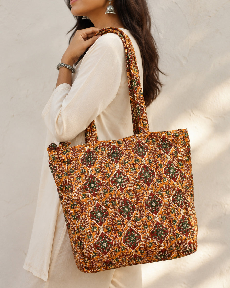 Brown Floral Jaal Block Printed Tote Bag | Cotton Quilted Shoulder Bag | Women's Travel Bag